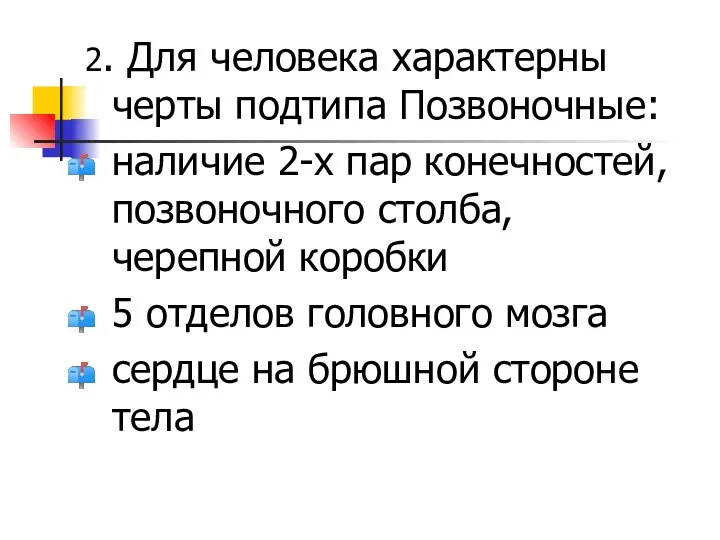 2. Для человека характерны черты подтипа Позвоночные: наличие 2-х пар конечностей,