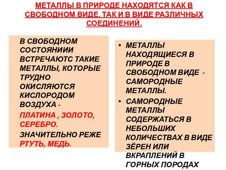 МЕТАЛЛЫ В ПРИРОДЕ НАХОДЯТСЯ КАК В СВОБОДНОМ ВИДЕ, ТАК И В