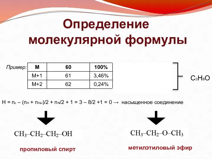 Определение молекулярной формулы Пример: С3Н8О Н = nc – (nH +