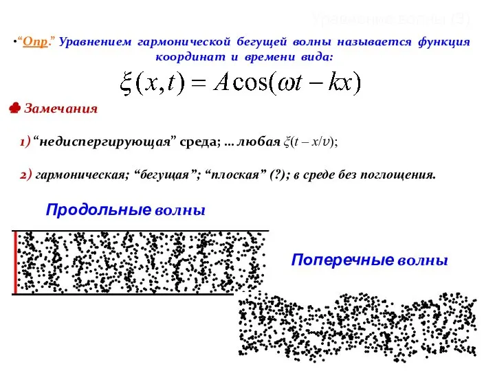 Уравнение волны (3) Продольные волны Замечания 1) “недиспергирующая” среда; … любая