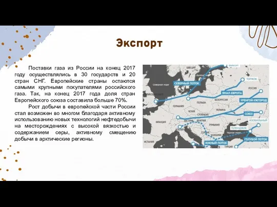 Экспорт Поставки газа из России на конец 2017 году осуществлялись в