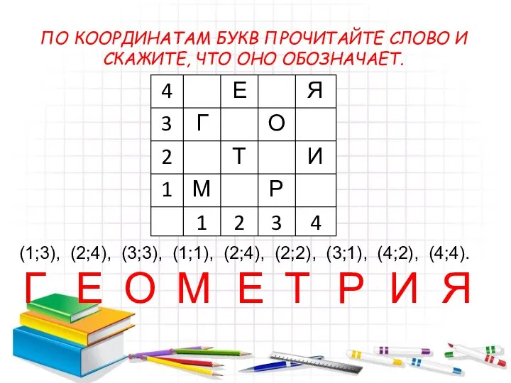 ПО КООРДИНАТАМ БУКВ ПРОЧИТАЙТЕ СЛОВО И СКАЖИТЕ, ЧТО ОНО ОБОЗНАЧАЕТ. (1;3),