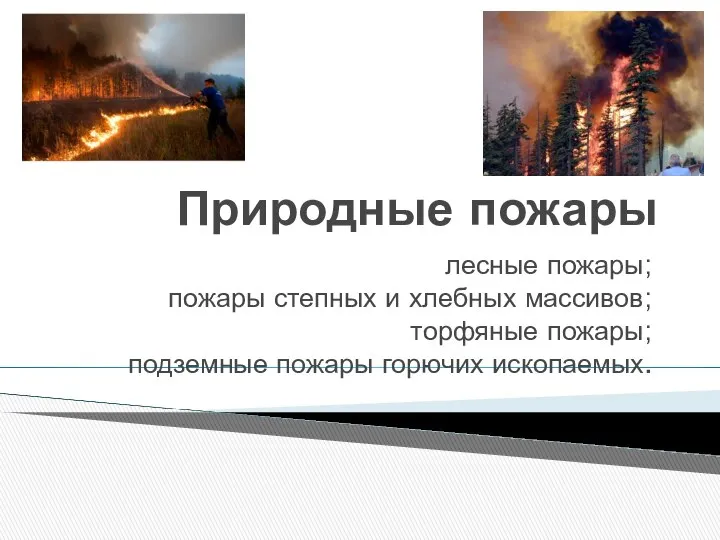 лесные пожары; пожары степных и хлебных массивов; торфяные пожары; подземные пожары горючих ископаемых. Природные пожары
