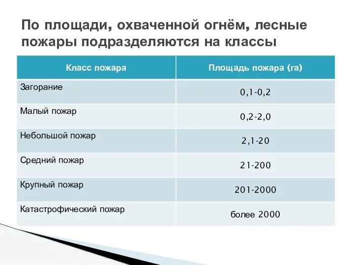 По площади, охваченной огнём, лесные пожары подразделяются на классы