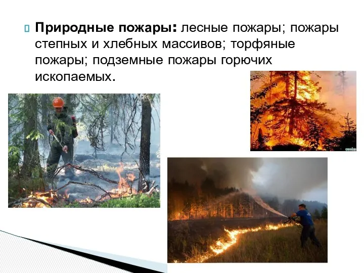 Природные пожары: лесные пожары; пожары степных и хлебных массивов; торфяные пожары; подземные пожары горючих ископаемых.