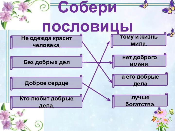 Собери пословицы Не одежда красит человека, а его добрые дела Доброе