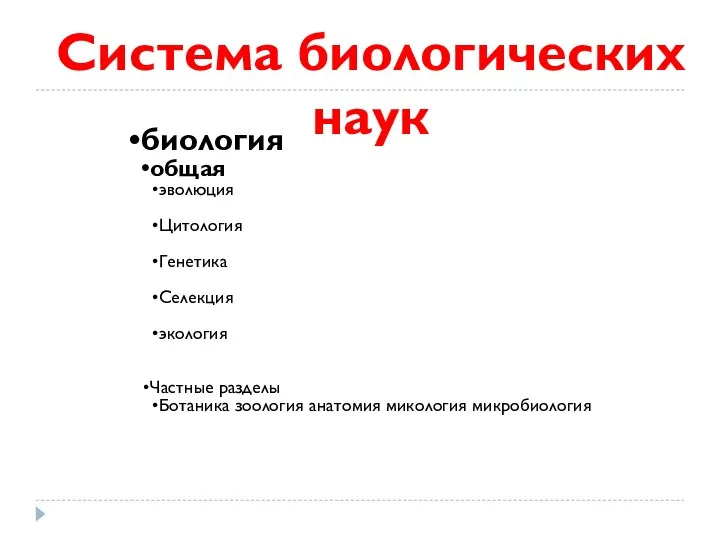 биология общая эволюция Цитология Генетика Селекция экология Частные разделы Ботаника зоология