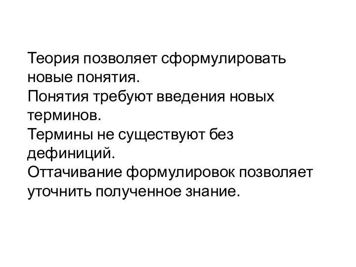 Теория позволяет сформулировать новые понятия. Понятия требуют введения новых терминов. Термины