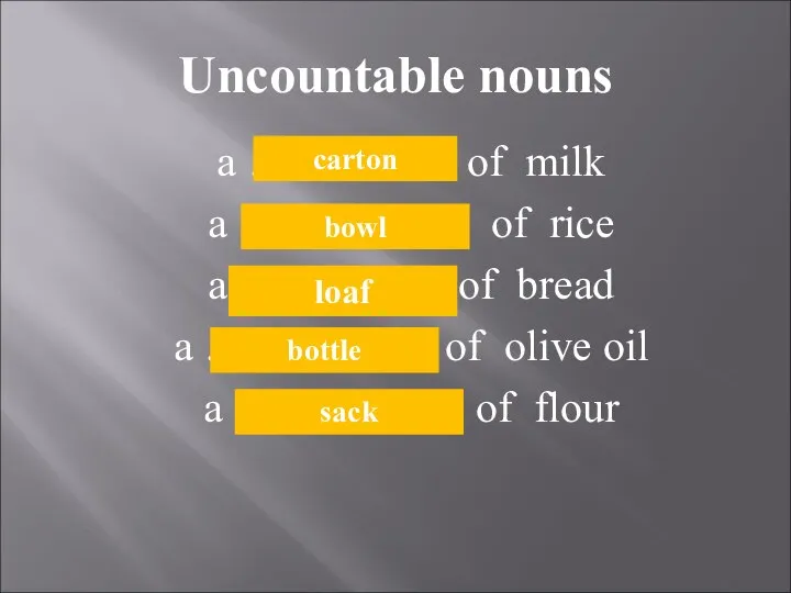 Uncountable nouns a ………… of milk a …………… of rice a