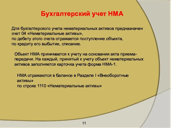 Бухгалтерский учет НМА Для бухгалтерского учета нематериальных активов предназначен счет 04