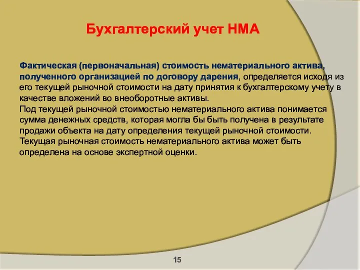 Бухгалтерский учет НМА Фактическая (первоначальная) стоимость нематериального актива, полученного организацией по