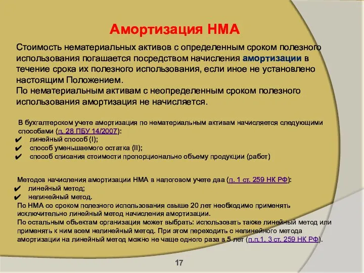 Амортизация НМА В бухгалтерском учете амортизация по нематериальным активам начисляется следующими