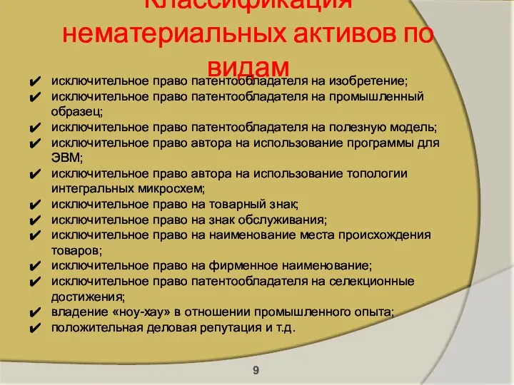 Классификация нематериальных активов по видам исключительное право патентообладателя на изобретение; исключительное