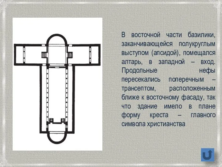 В восточной части базилики, заканчивающейся полукруглым выступом (апсидой), помещался алтарь, в
