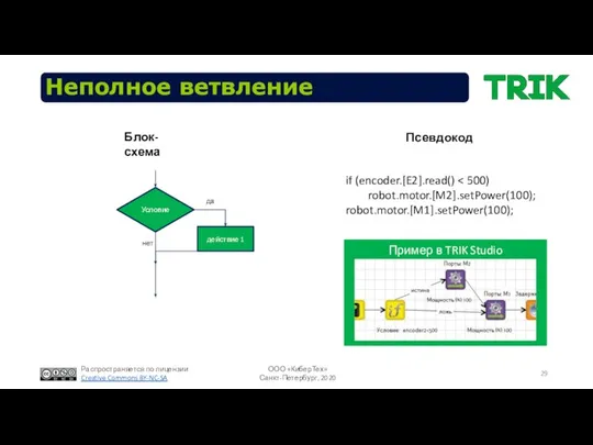 Неполное ветвление Пример в TRIK Studio if (encoder.[E2].read() robot.motor.[M2].setPower(100); robot.motor.[M1].setPower(100); Псевдокод