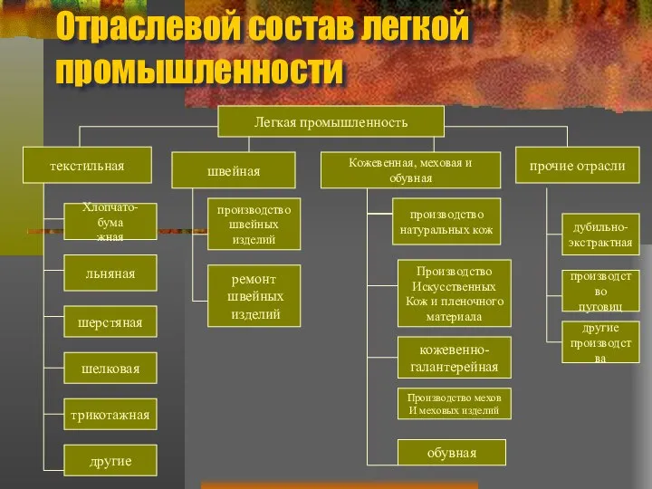 Отраслевой состав легкой промышленности Легкая промышленность текстильная швейная Кожевенная, меховая и