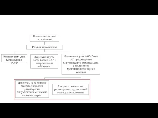 Клиническая оценка позвоночника Рентген позвоночника Искривления угла Кобба менее 15-20° Искривления