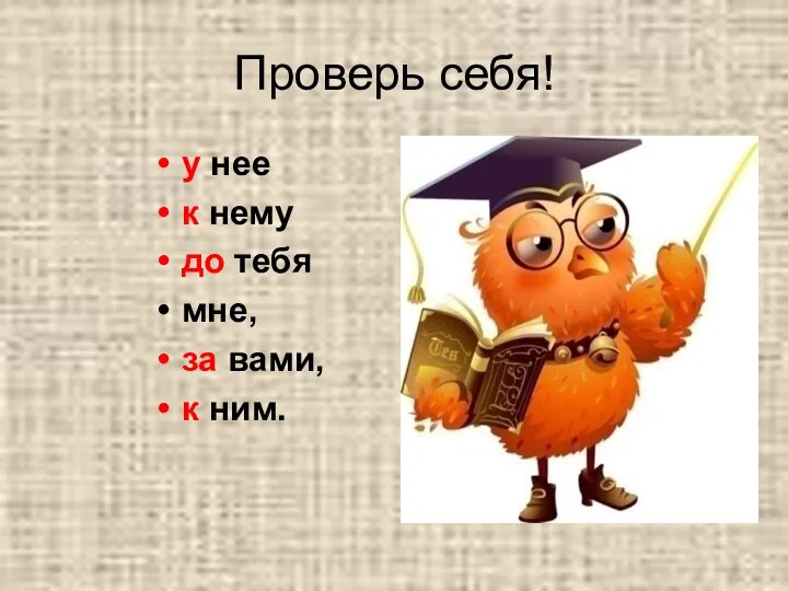 Проверь себя! у нее к нему до тебя мне, за вами, к ним.