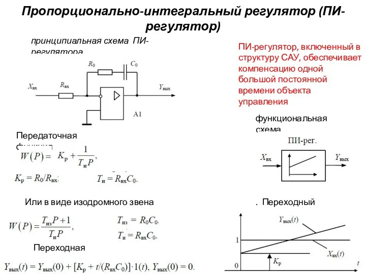 Пропорционально-интегральный регулятор (ПИ-регулятор) принципиальная схема ПИ-регулятора Передаточная функция Переходная характеристика .