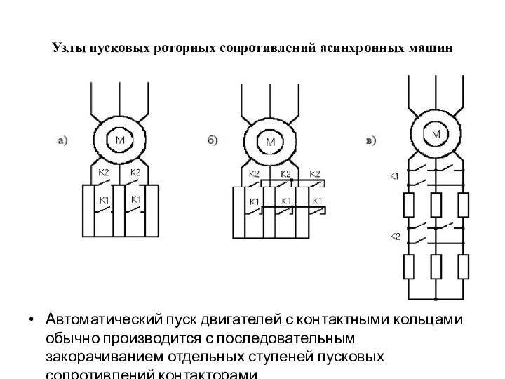 Узлы пусковых роторных сопротивлений асинхронных машин Автоматический пуск двигателей с контактными