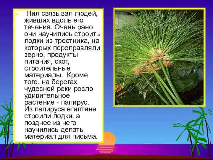 Нил связывал людей, живших вдоль его течения. Очень рано они научились