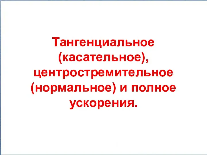 Тангенциальное (касательное), центростремительное (нормальное) и полное ускорения.