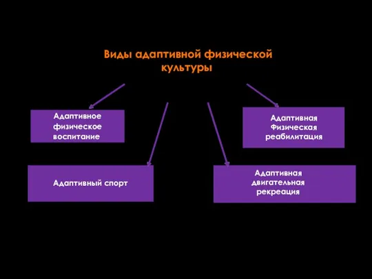 Виды адаптивной физической культуры Адаптивное физическое воспитание Адаптивный спорт Адаптивная двигательная рекреация Адаптивная Физическая реабилитация