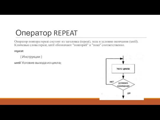 Оператор REPEAT Оператор повтора repeat состоит из заголовка (repeat), тела и