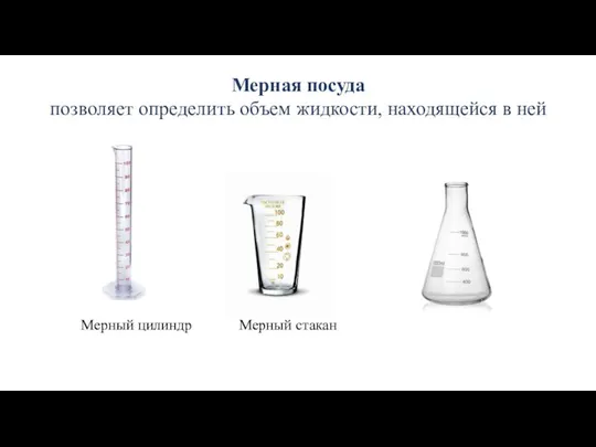 Мерная посуда позволяет определить объем жидкости, находящейся в ней Мерный цилиндр Мерный стакан