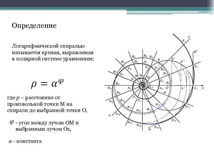 Определение Логарифмической спиралью называется кривая, выражаемая в полярной системе уравнением: где