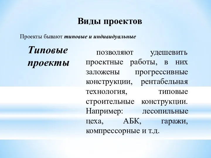 Виды проектов Проекты бывают типовые и индивидуальные Типовые проекты позволяют удешевить