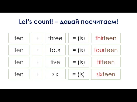 Let’s count! – давай посчитаем! ten + three = (is) thirteen