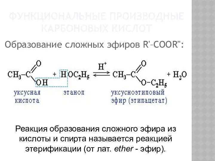 ФУНКЦИОНАЛЬНЫЕ ПРОИЗВОДНЫЕ КАРБОНОВЫХ КИСЛОТ Образование сложных эфиров R'–COOR": Реакция образования сложного