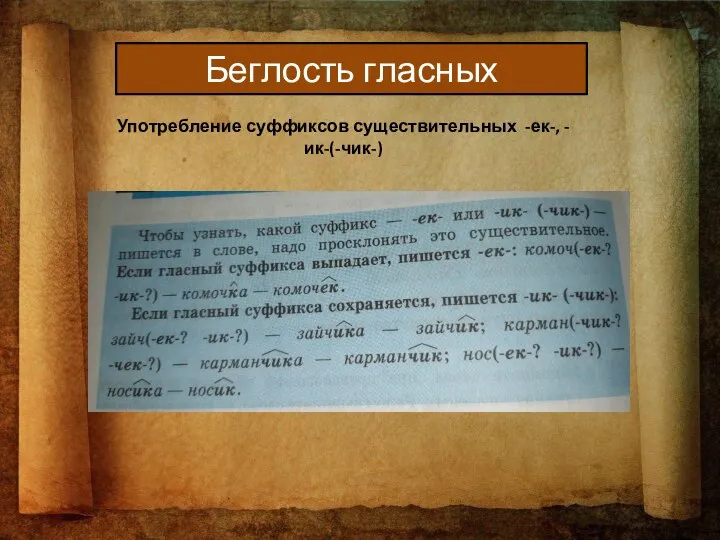 Беглость гласных Употребление суффиксов существительных -ек-, -ик-(-чик-)