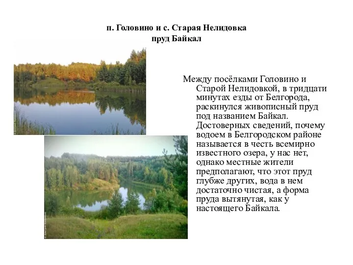 п. Головино и с. Старая Нелидовка пруд Байкал Между посёлками Головино