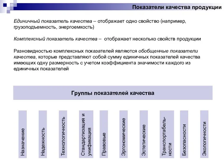 Показатели качества продукции Единичный показатель качества – отображает одно свойство (например,