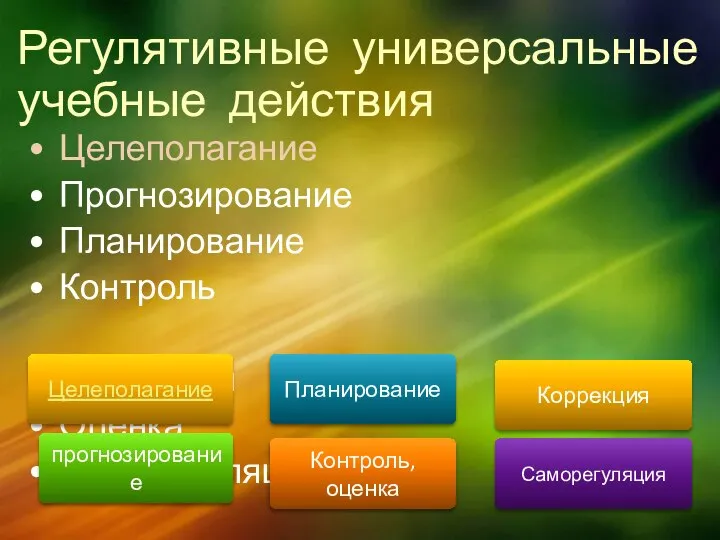 Регулятивные универсальные учебные действия Целеполагание Прогнозирование Планирование Контроль Коррекция Оценка Саморегуляция