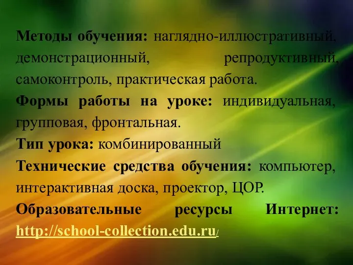 Методы обучения: наглядно-иллюстративный, демонстрационный, репродуктивный, самоконтроль, практическая работа. Формы работы на