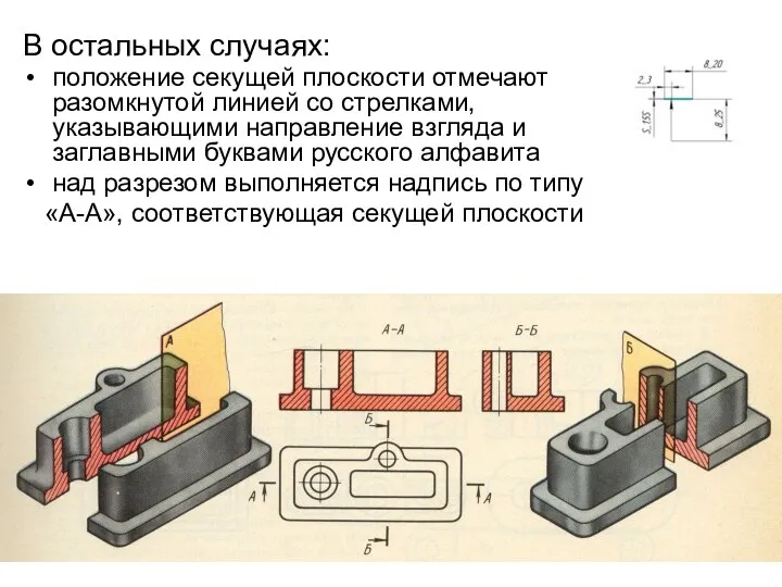 В остальных случаях: положение секущей плоскости отмечают разомкнутой линией со стрелками,