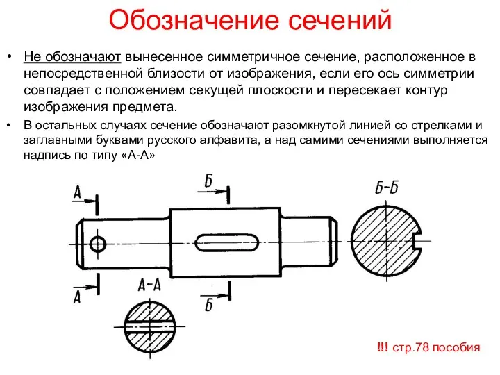 Обозначение сечений Не обозначают вынесенное симметричное сечение, расположенное в непосредственной близости