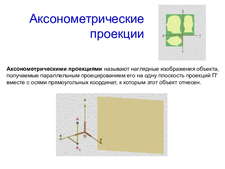 Аксонометрические проекции Аксонометрическими проекциями называют наглядные изображения объекта, получаемые параллельным проецированием