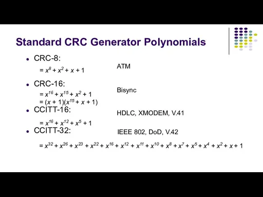 Standard CRC Generator Polynomials CRC-8: CRC-16: CCITT-16: CCITT-32: HDLC, XMODEM, V.41