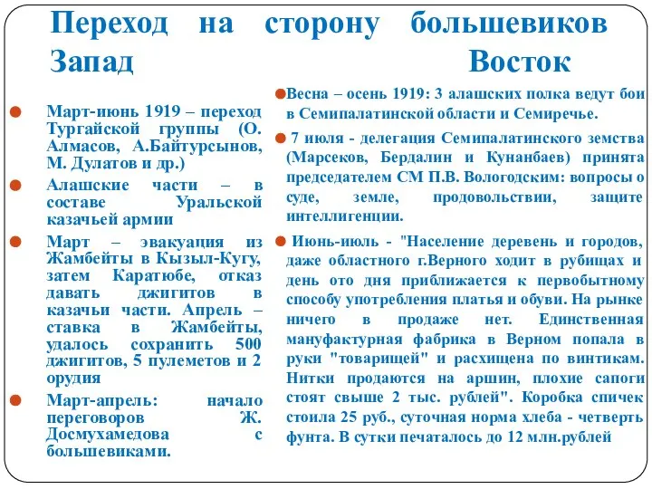 Переход на сторону большевиков Запад Восток Март-июнь 1919 – переход Тургайской