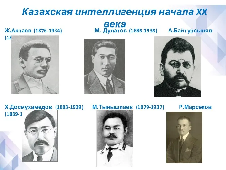 Казахская интеллигенция начала XX века Ж.Акпаев (1876-1934) М. Дулатов (1885-1935) А.Байтурсынов