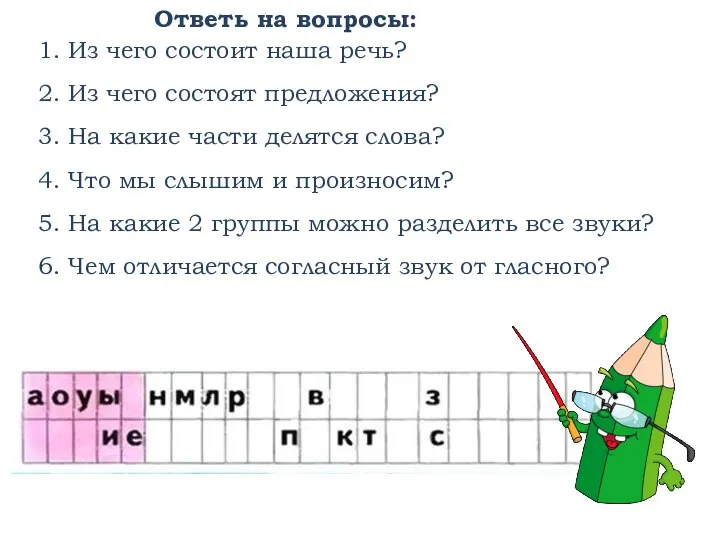 Ответь на вопросы: 1. Из чего состоит наша речь? 2. Из