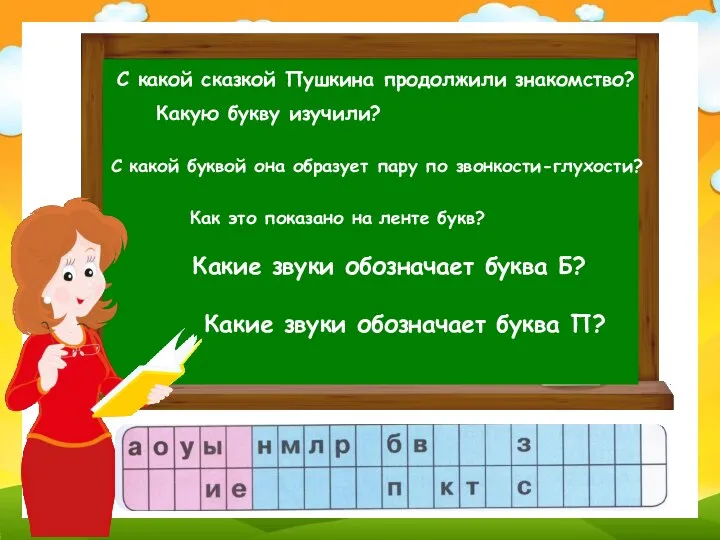 Какую букву изучили? С какой сказкой Пушкина продолжили знакомство? Какие звуки