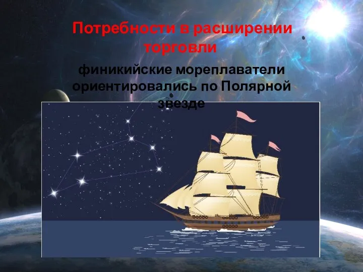 Потребности в расширении торговли финикийские мореплаватели ориентировались по Полярной звезде