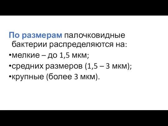 По размерам палочковидные бактерии распределяются на: мелкие – до 1,5 мкм;