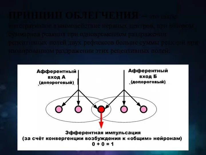 ПРИНЦИП ОБЛЕГЧЕНИЯ – это такое интегративное взаимодействие нервных центров, при котором