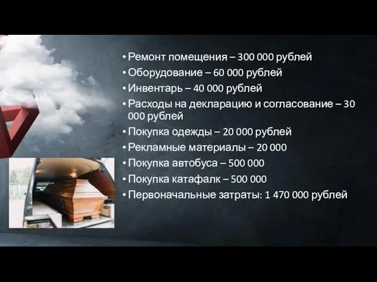 Ремонт помещения – 300 000 рублей Оборудование – 60 000 рублей